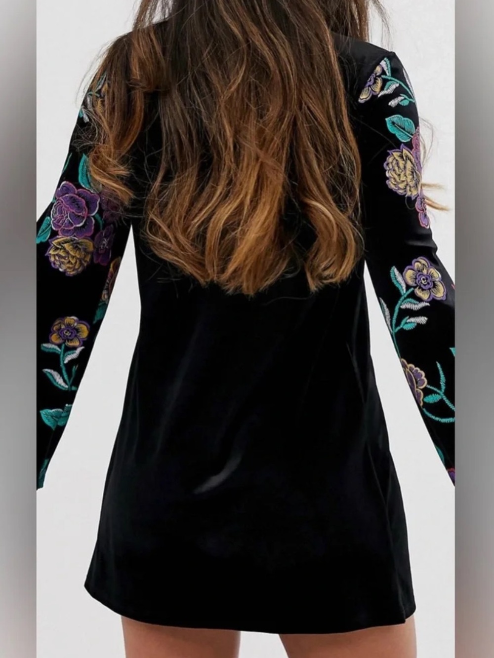 ASOS Velvet Floral Embroidered Sleeve Mini Dress Black Multicolor Size 12 - Picture 4 of 10
